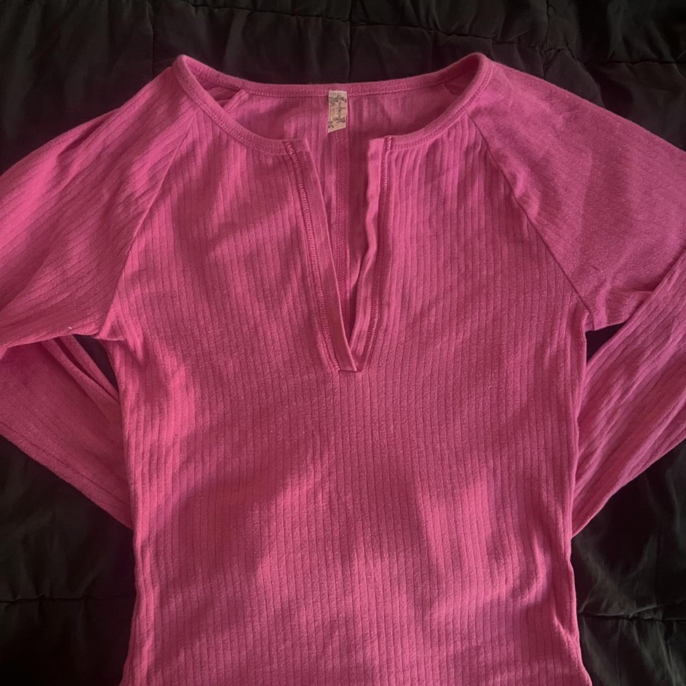 Free People Hot Pink Ribbed Long-Sleeve Tee with Notch Neck